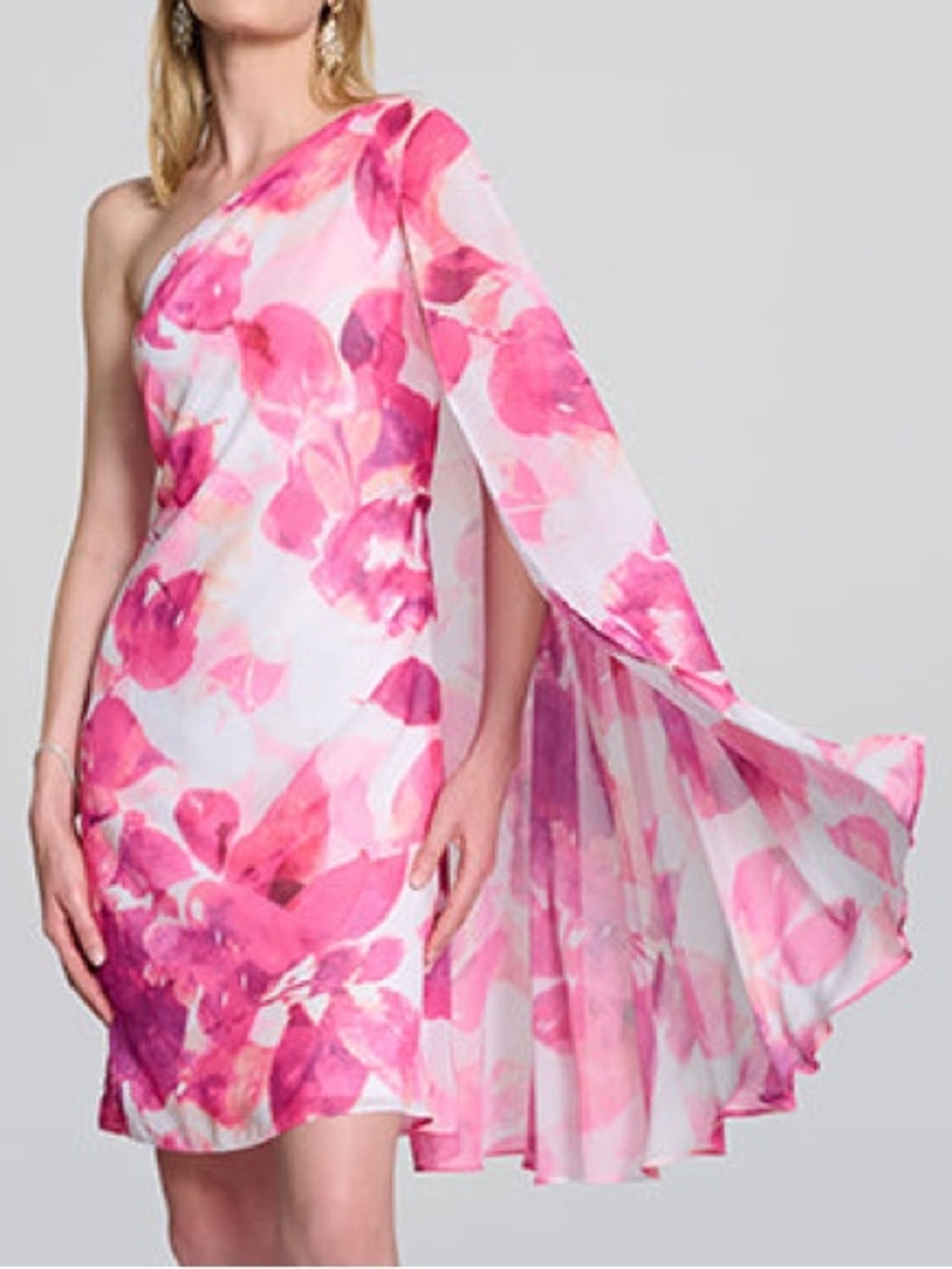 Joseph Ribkoff Chiffon Floral One Shoulder Cape Dress 6